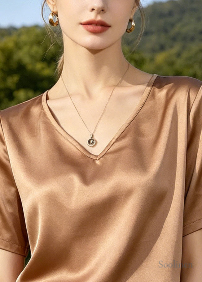 Elegant Apricot V Neck Silk Blouse Tops Summer