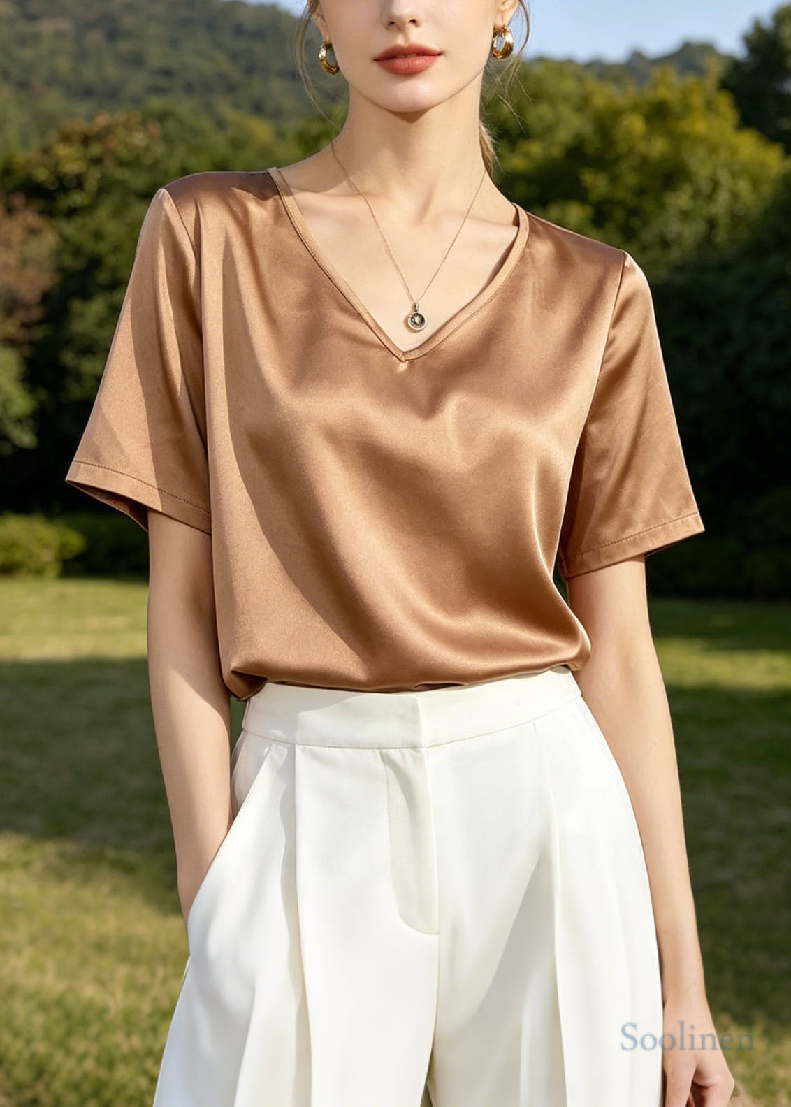 Elegant Apricot V Neck Silk Blouse Tops Summer