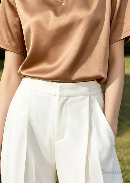 Elegant Apricot V Neck Silk Blouse Tops Summer
