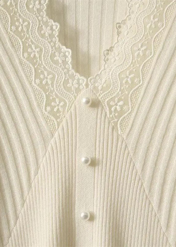 Elegant Apricot V Neck Thick Lace Patchwork Nail Bead Knit Sweater Tops Winter