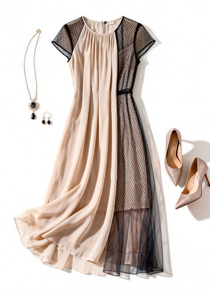Elegant Apricot Wrinkled Tulle Patchwork Dress Summer