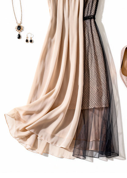 Elegant Apricot Wrinkled Tulle Patchwork Dress Summer