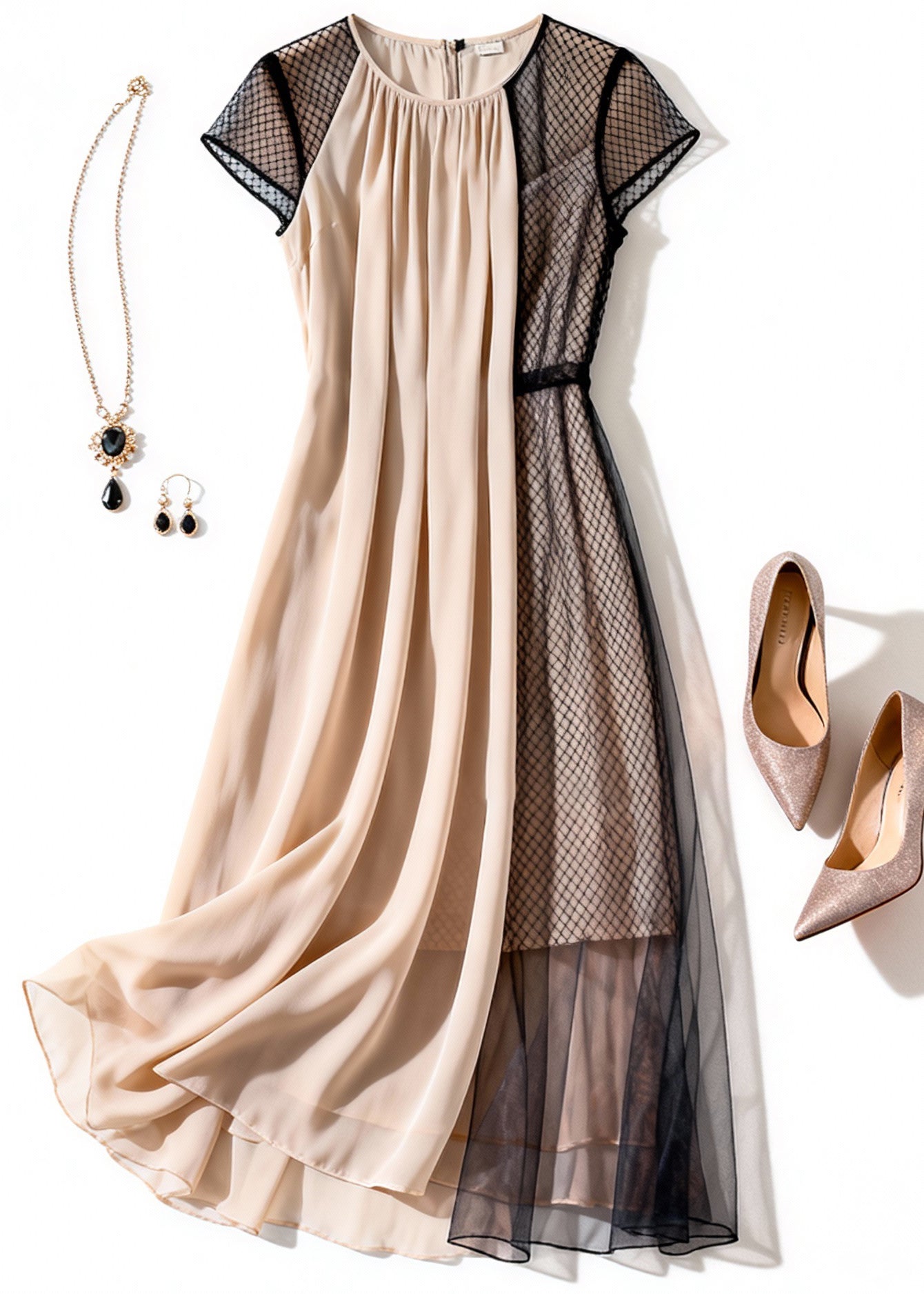 Elegant Apricot Wrinkled Tulle Patchwork Dress Summer