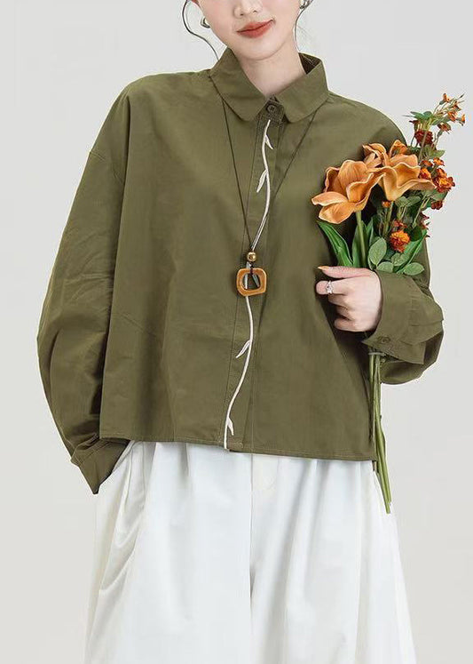 Elegantes camisas oversize de algodón bordadas en verde militar para primavera