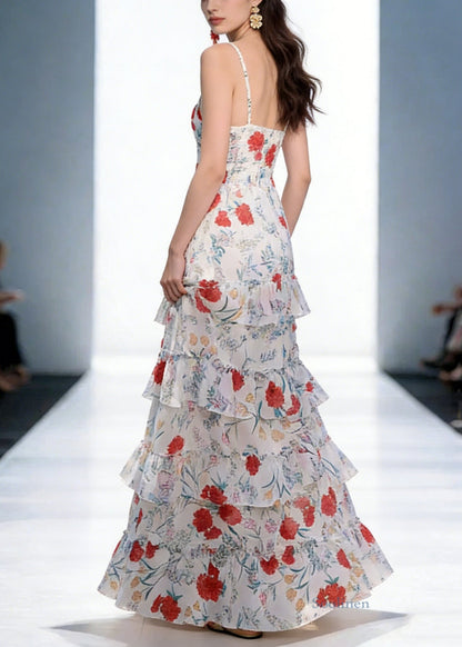 Elegant Backless Print Ruffled Cotton Spaghetti Strap Dress Sleeveless