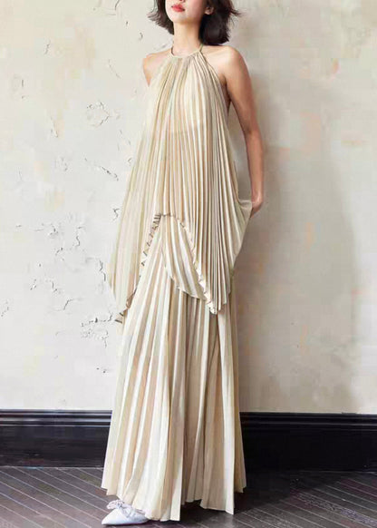 Elegant Backless Wrinkled Tops And Skirts Chiffon Two Piece Set Sleeveless