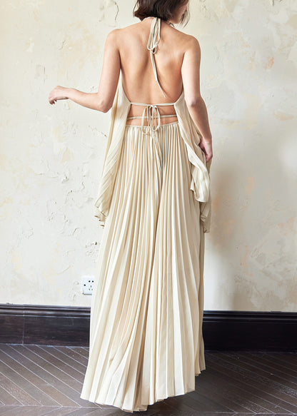 Elegant Backless Wrinkled Tops And Skirts Chiffon Two Piece Set Sleeveless