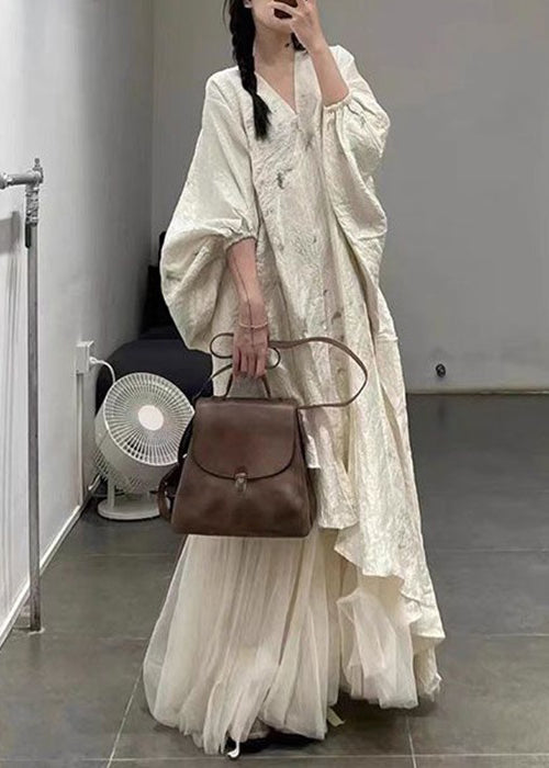 Elegantes Beiges Asymmetrisches Tüll Patchwork Maxikleid Laternenärmel