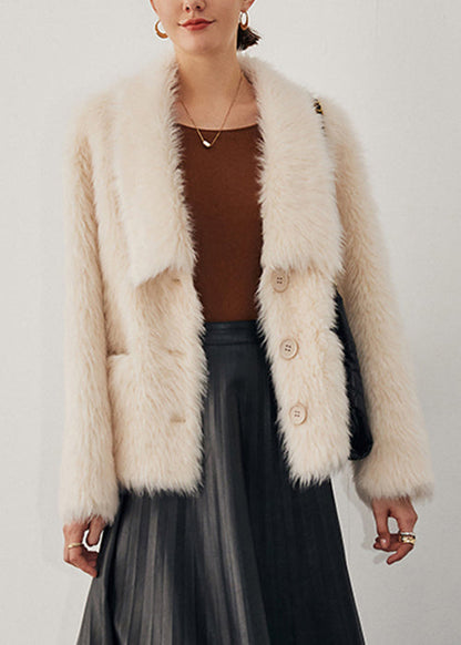 Elegant Beige Button Pockets Woolen Coat Winter