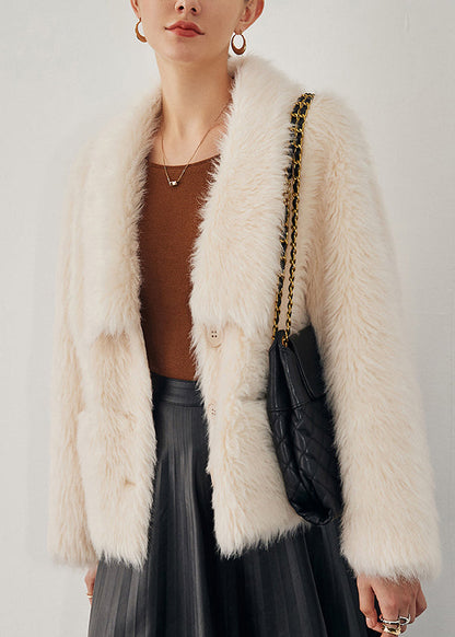 Elegant Beige Button Pockets Woolen Coat Winter