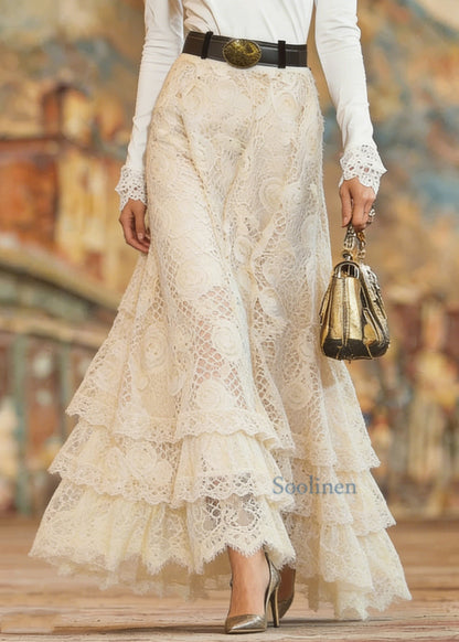 Elegant Beige Elastic Waist Lace Maxi Skirt Spring