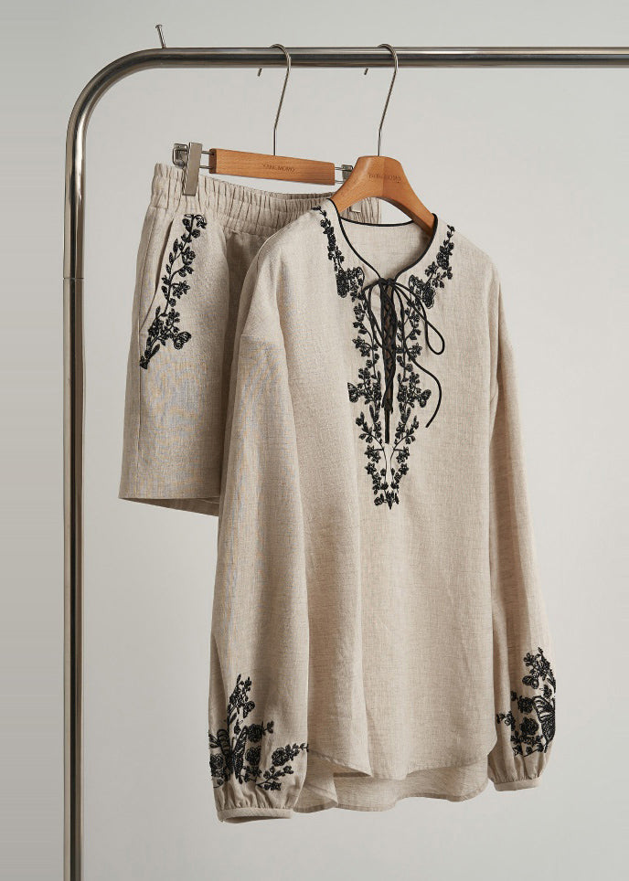 Elegantes beiges, besticktes Leinen-Set für Damen, 2-teilig, Frühling