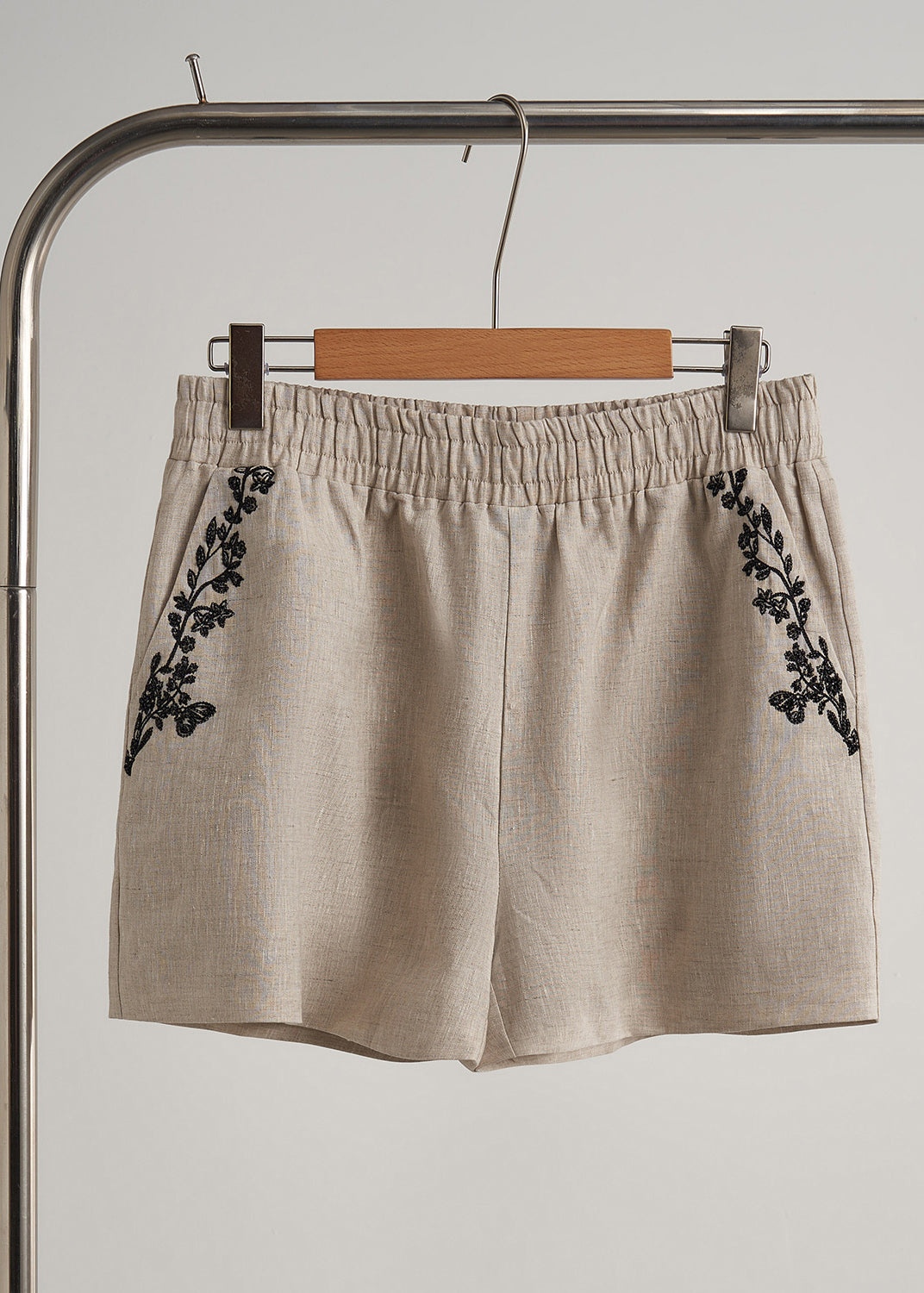 Elegantes beiges, besticktes Leinen-Set für Damen, 2-teilig, Frühling