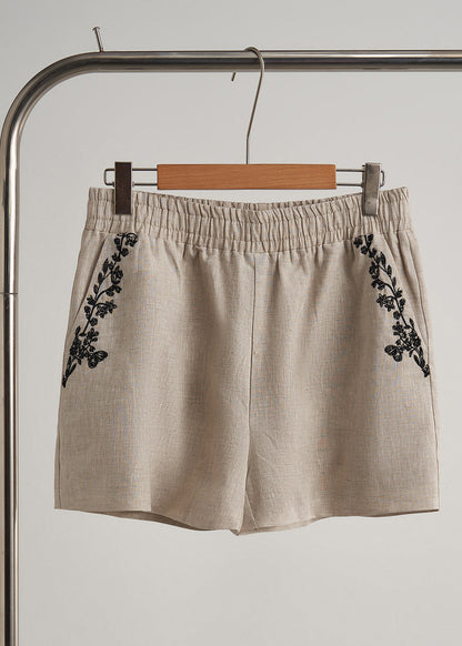 Elegantes beiges, besticktes Leinen-Set für Damen, 2-teilig, Frühling