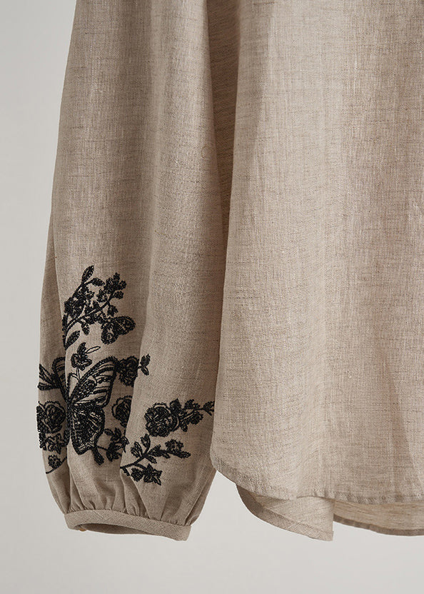 Elegantes beiges, besticktes Leinen-Set für Damen, 2-teilig, Frühling