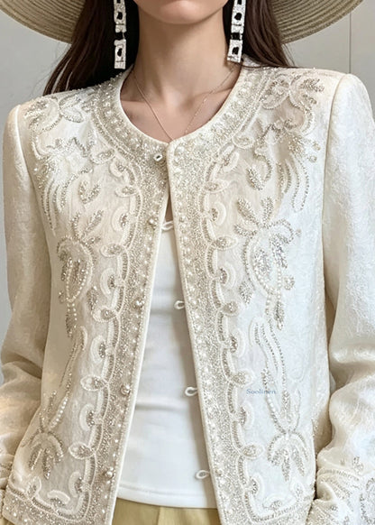 Elegant Beige Embroidered Nail Bead Coats Long Sleeve