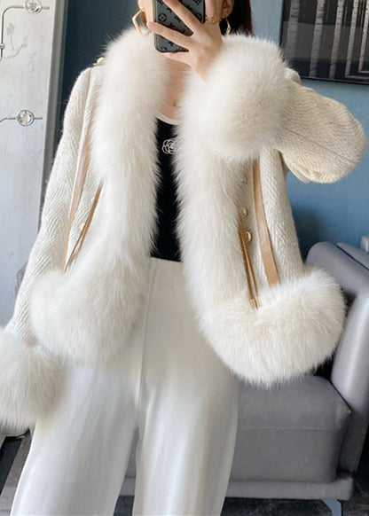 Eleganter Beige Fuchskragen Kunstleder und Pelzmantel Winter