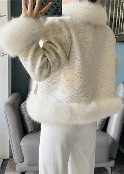 Eleganter Beige Fuchskragen Kunstleder und Pelzmantel Winter