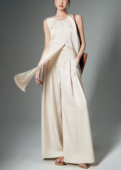 Elegant Beige Front Open Tops And Pants Silk Two Pieces Set Sleeveless