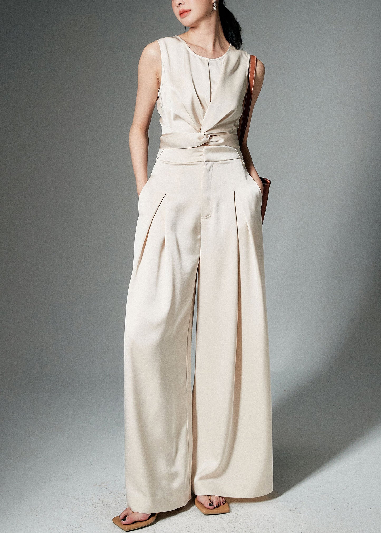 Elegant Beige Front Open Tops And Pants Silk Two Pieces Set Sleeveless