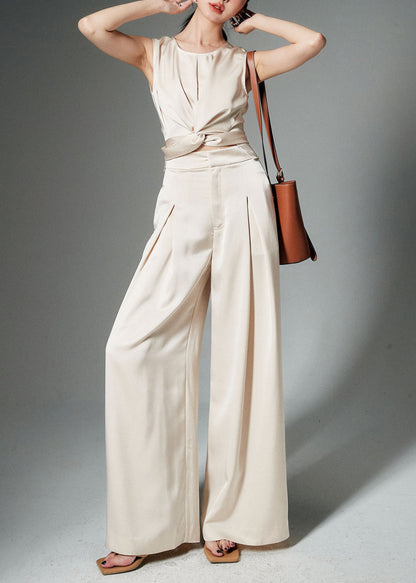 Elegant Beige Front Open Tops And Pants Silk Two Pieces Set Sleeveless