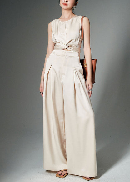 Elegant Beige Front Open Tops And Pants Silk Two Pieces Set Sleeveless