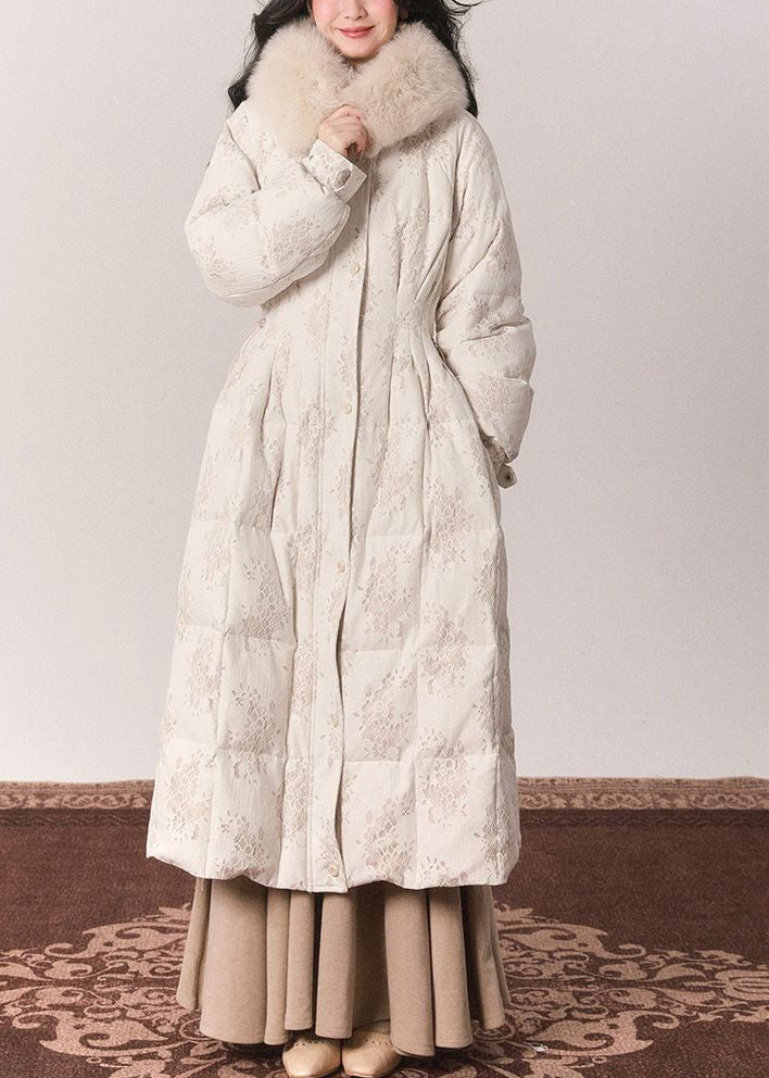 Elegante túnica con botones y cuello de piel beige, chaquetas largas de plumón para invierno