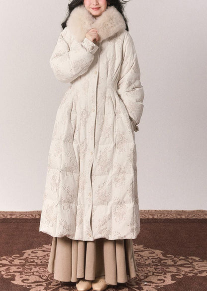 Elegante túnica con botones y cuello de piel beige, chaquetas largas de plumón para invierno