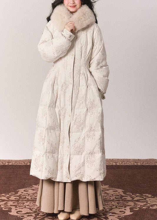 Elegante túnica con botones y cuello de piel beige, chaquetas largas de plumón para invierno