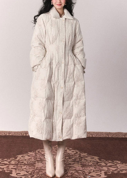 Elegante túnica con botones y cuello de piel beige, chaquetas largas de plumón para invierno