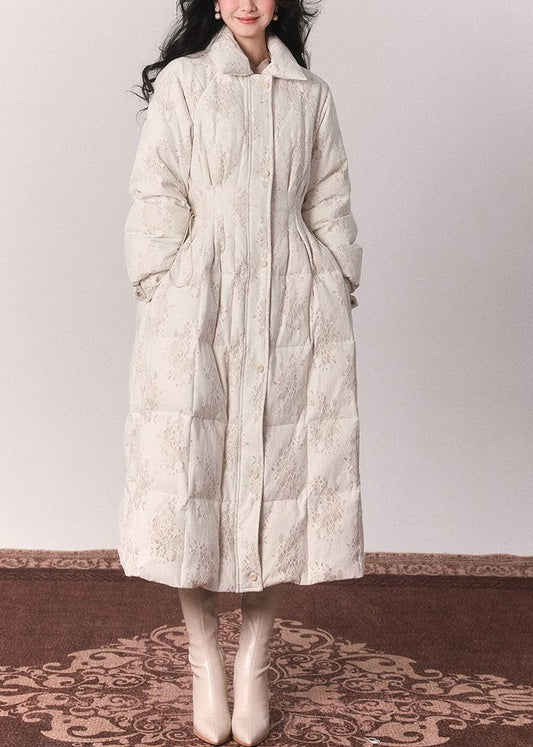 Elegante túnica con botones y cuello de piel beige, chaquetas largas de plumón para invierno