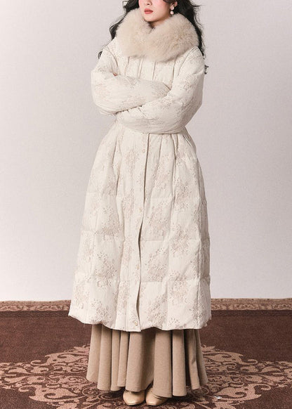 Elegante túnica con botones y cuello de piel beige, chaquetas largas de plumón para invierno