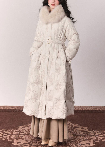 Elegante túnica con botones y cuello de piel beige, chaquetas largas de plumón para invierno