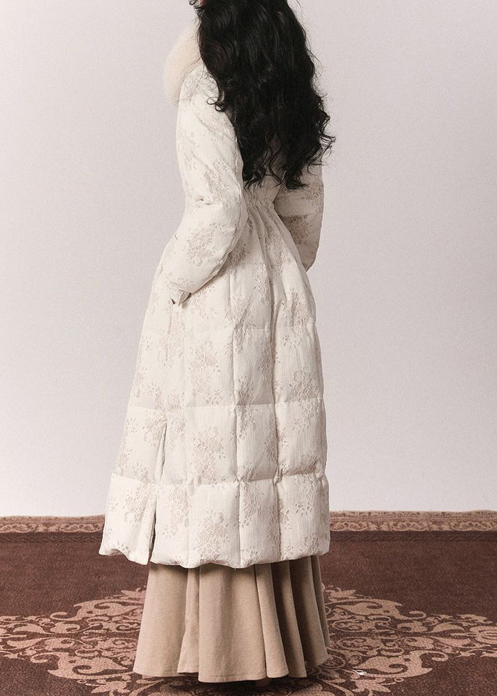 Elegante túnica con botones y cuello de piel beige, chaquetas largas de plumón para invierno