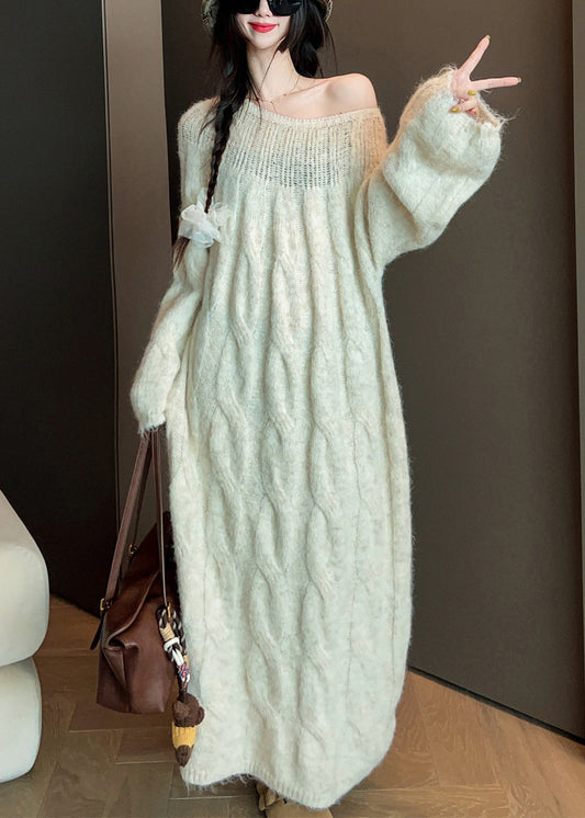 Elegant Beige Hollow Out Long Cable Knit Dress Spring