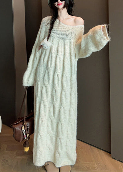 Elegant Beige Hollow Out Long Cable Knit Dress Spring