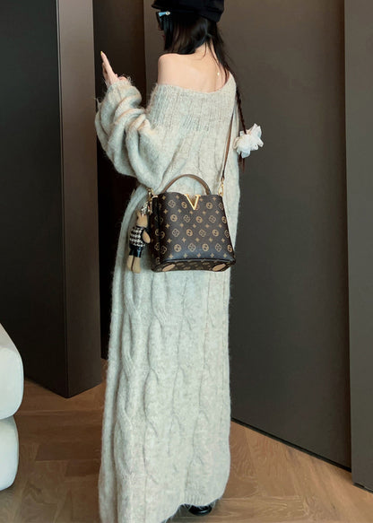 Elegant Beige Hollow Out Long Cable Knit Dress Spring