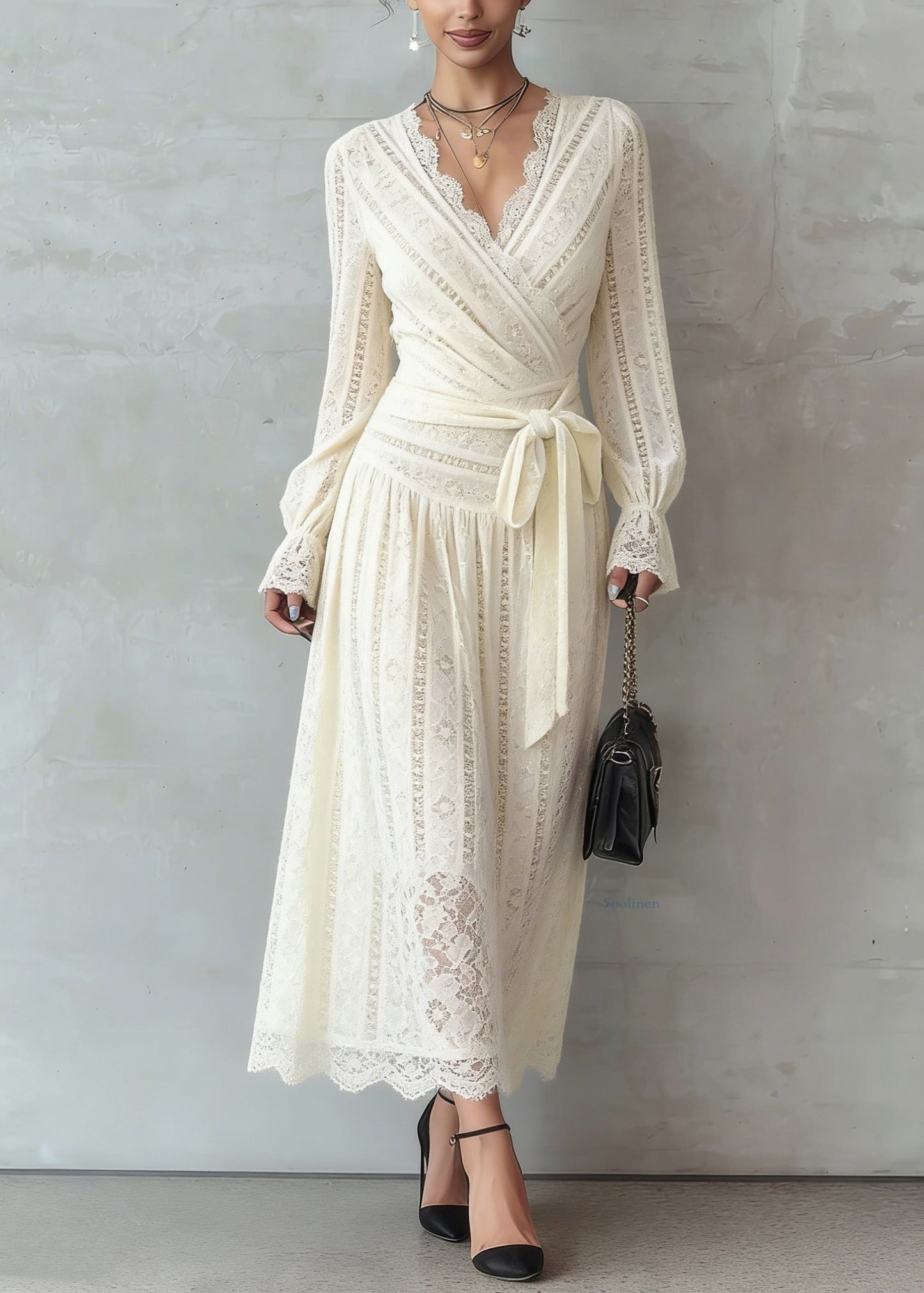 Elegant Beige Lace Tie Waist Warm Fleece Long Dress Spring