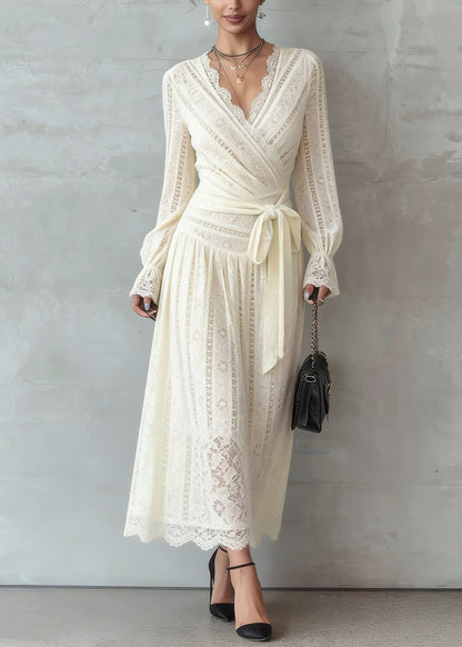 Elegant Beige Lace Tie Waist Warm Fleece Long Dress Spring