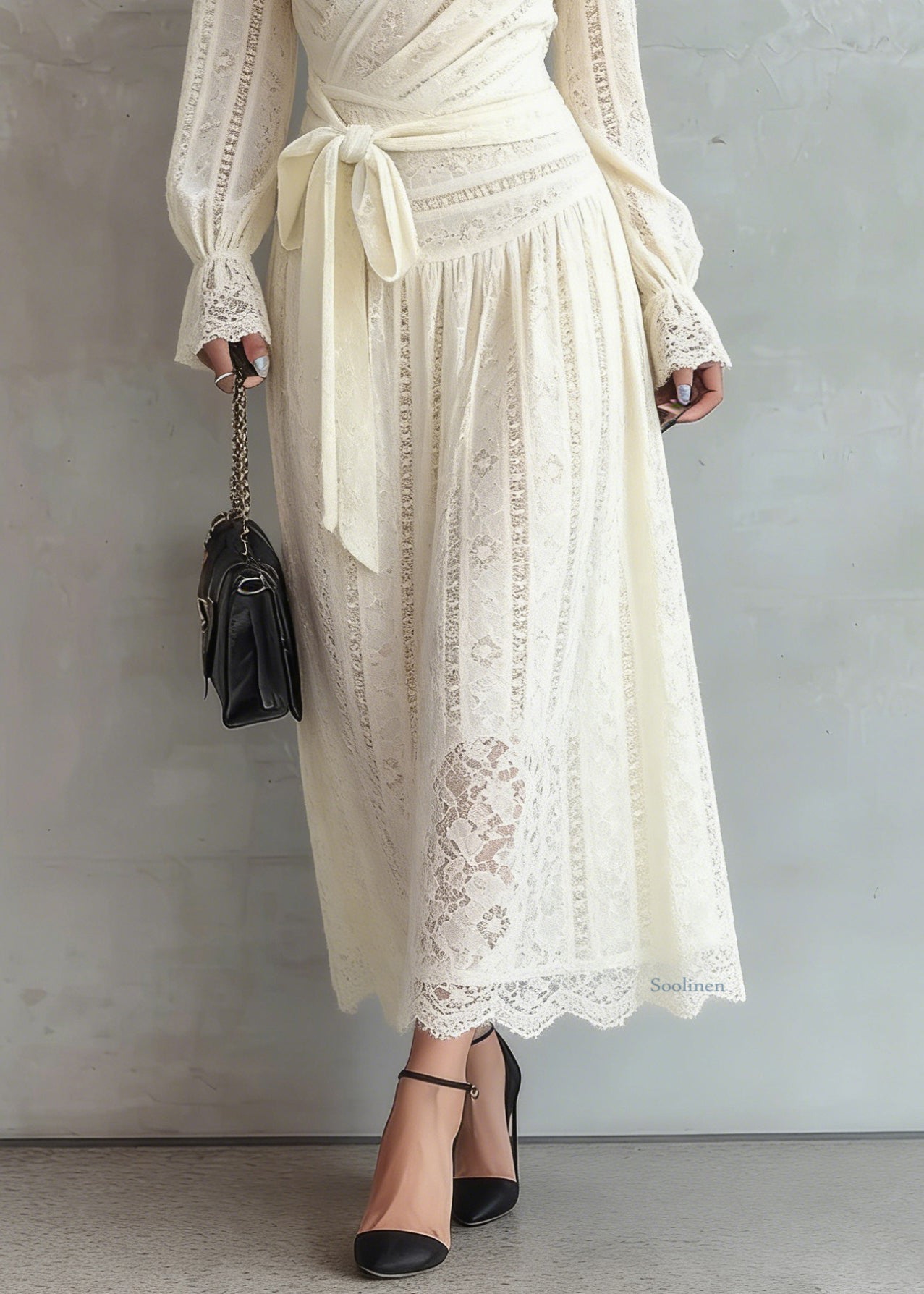 Elegant Beige Lace Tie Waist Warm Fleece Long Dress Spring