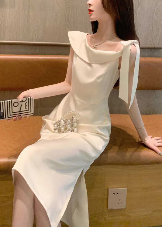 Elegante Beige Schnürung Seitlich Offene Baumwollkleider Sommer