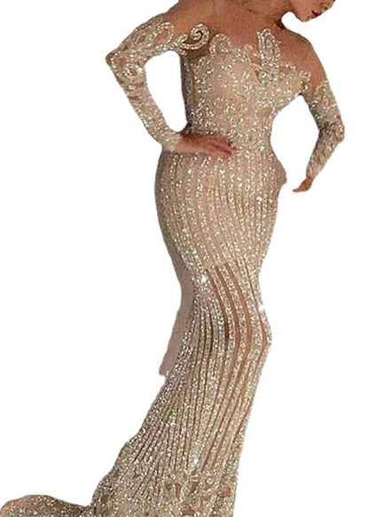 Elegant Beige O Neck Sequins Slim Fit Long Dress Spring