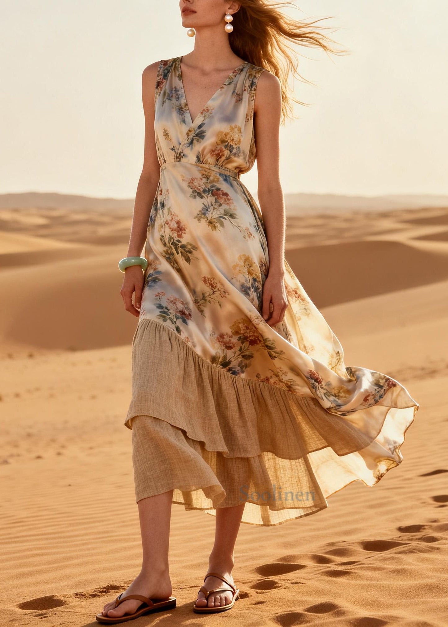 Elegant Beige Print Patchwork Linen Silk Maxi Dresses Summer
