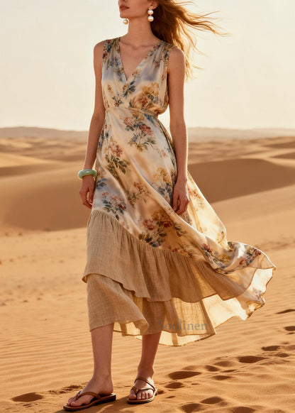 Elegant Beige Print Patchwork Linen Silk Maxi Dresses Summer
