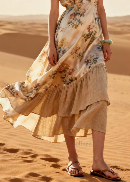 Elegant Beige Print Patchwork Linen Silk Maxi Dresses Summer