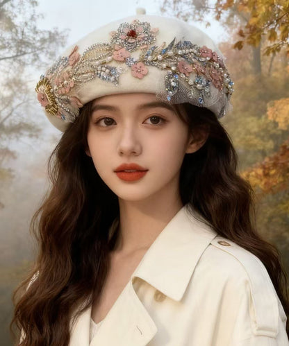 Elegant Beige Sequins Nail Bead Woolen Beret Hat
