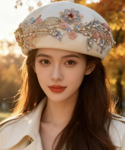 Elegant Beige Sequins Nail Bead Woolen Beret Hat