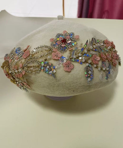 Elegant Beige Sequins Nail Bead Woolen Beret Hat