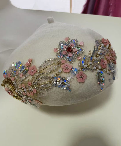 Elegant Beige Sequins Nail Bead Woolen Beret Hat