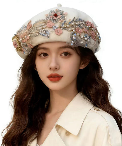 Elegant Beige Sequins Nail Bead Woolen Beret Hat
